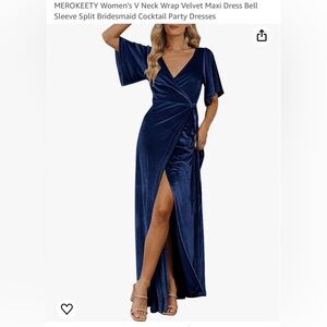 MEROKEETY Women's V Neck Wrap Velvet Maxi Dress Bell Sleeve Split Party Dresses